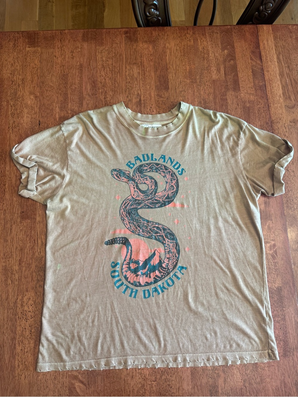 Girl Dangerous “Badlands South Dakota” graphic boyfriend tee- muted tan, medium